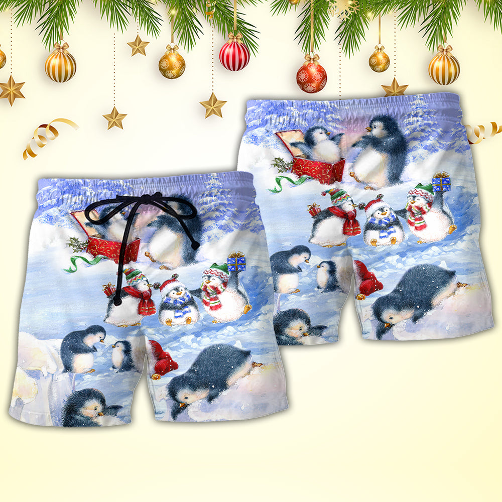 Christmas Penguin Family In Love Christmas Art Style - Beach Short Reefox - Owls Matrix LTD