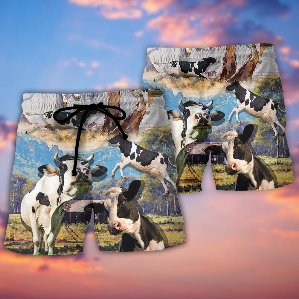 Cow Funny Dancing In The Australian Landscape Lover Cattle Art Style - Beach Short Reefox - Owls Matrix LTD