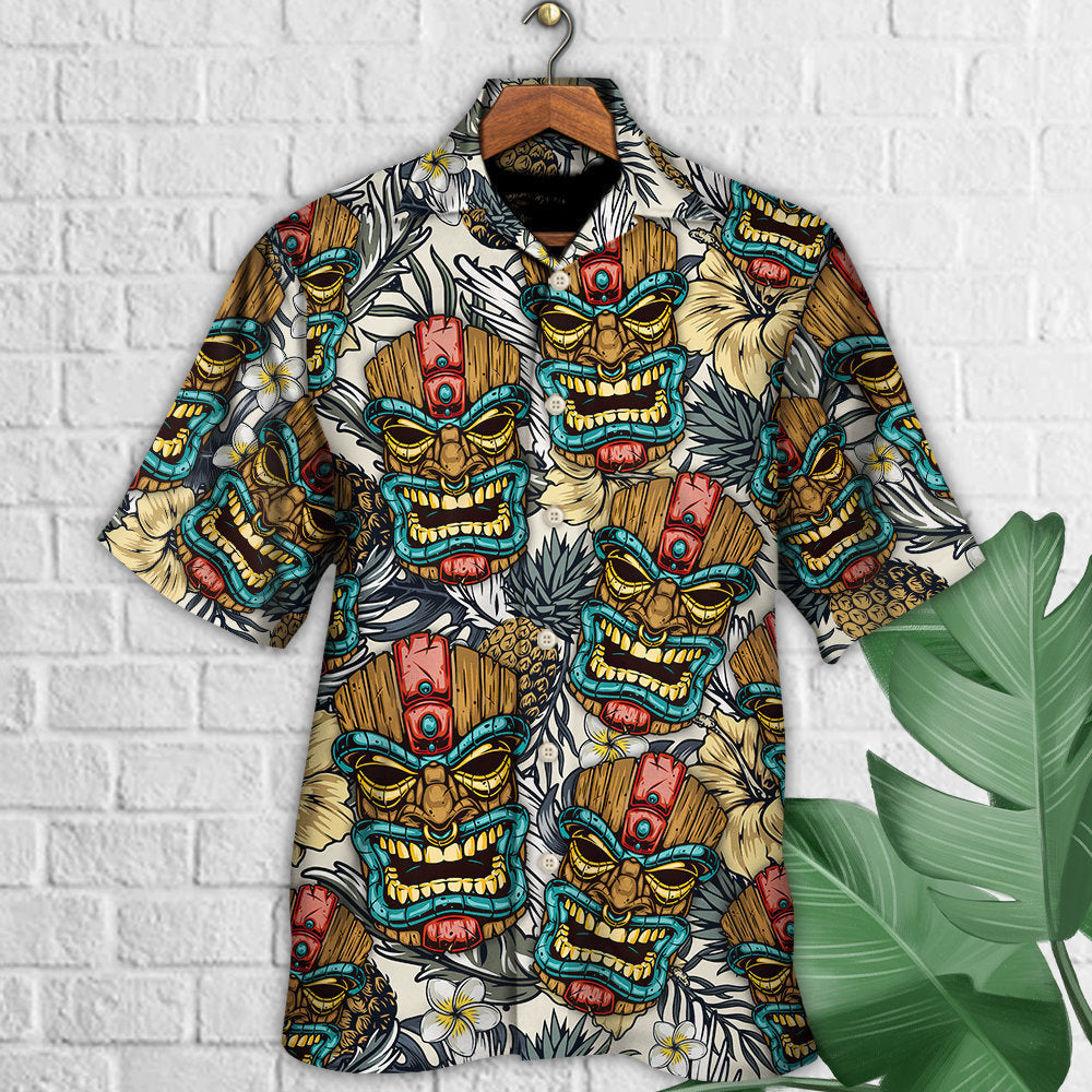 Tiki Tribal Mask With Tropical Leaves - Hawaiian Shirt - Reefox