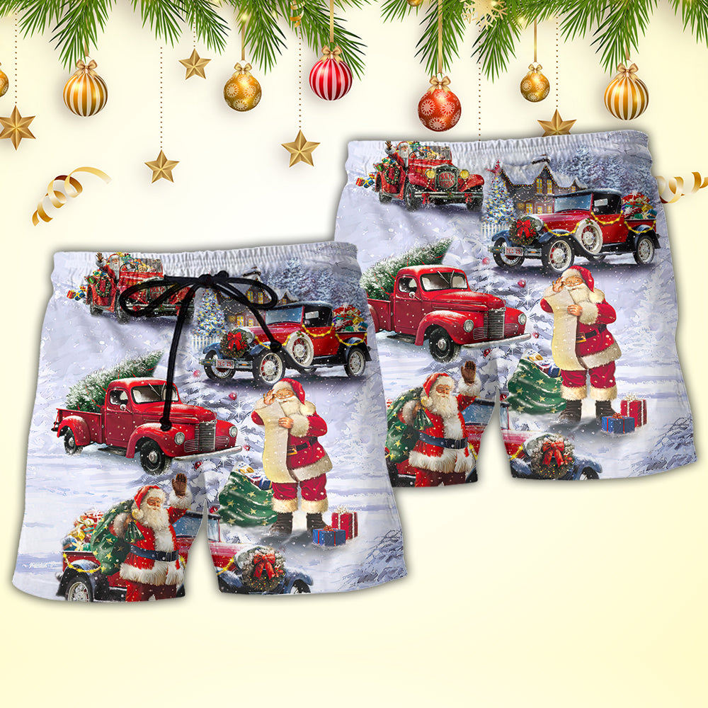 Christmas Santa Claus Funny Red Truck Gift For Xmas Painting Style - Beach Short Reefox - Owls Matrix LTD