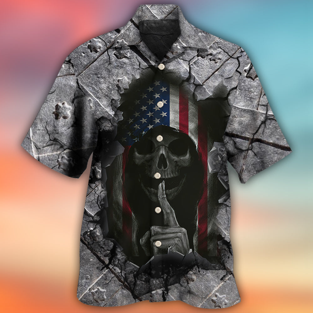 Skull Dark American Flag Strong Wrought Iron - Hawaiian Shirt - Reefox