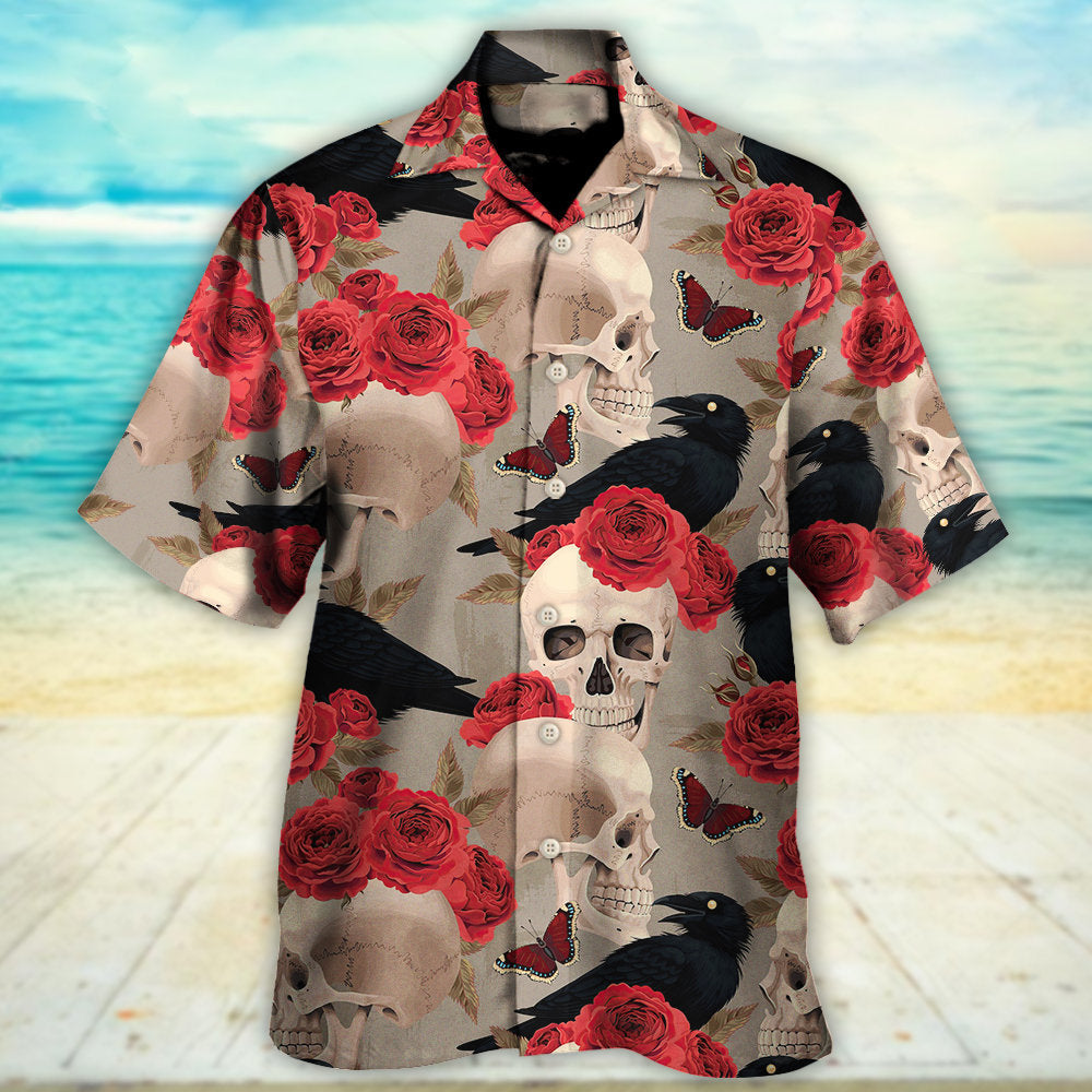 Skull With Rose Flower And Raven Gothic Style - Hawaiian Shirt - Reefox