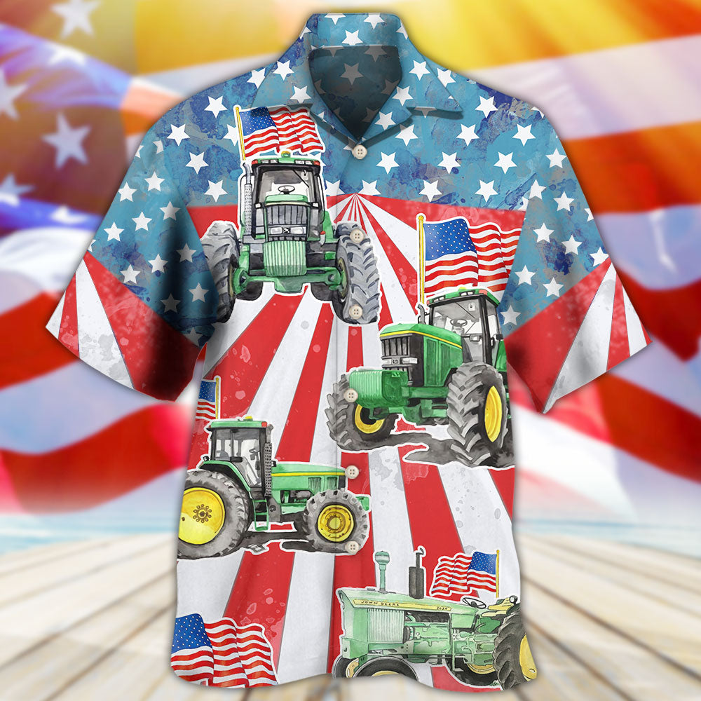 Tractor Independence Day Watercolor Tractor US Flag - Hawaiian Shirt - Reefox