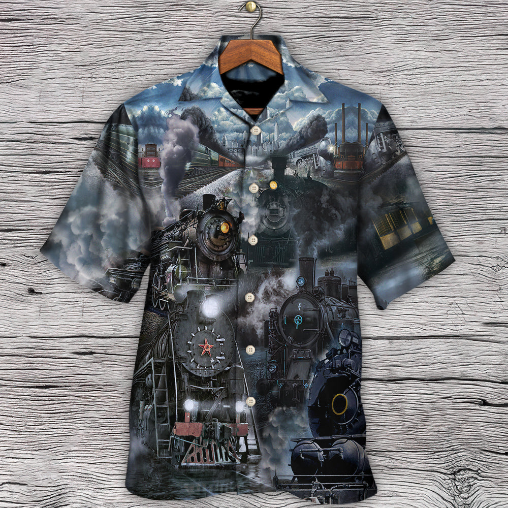 Train Emerging From A Cloud Of Steam In The Middle Night - Hawaiian Shirt - Reefox