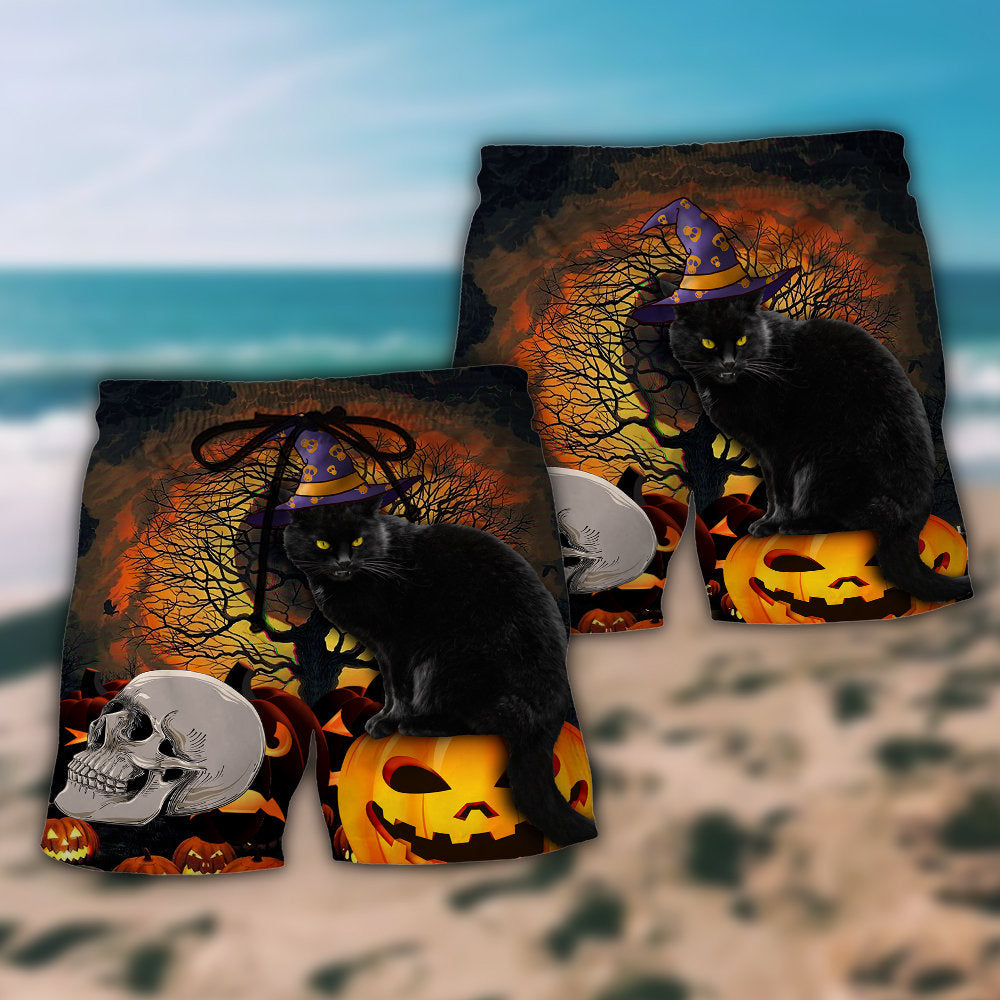 Halloween Black Cat Scary Pumpkin - Beach Short Reefox - Owls Matrix LTD