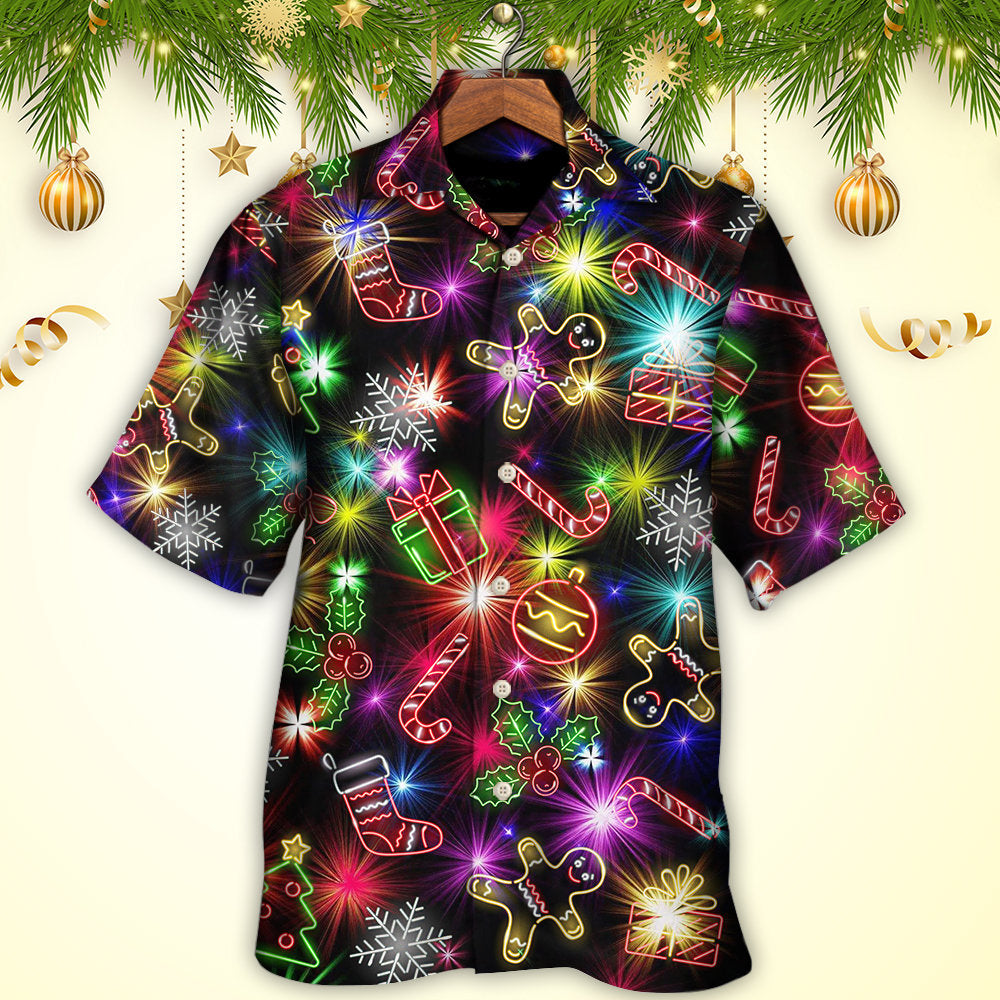 Christmas With Tree And Gift Cookies Gingerbread Man Neon Style - Hawaiian Shirt - Reefox