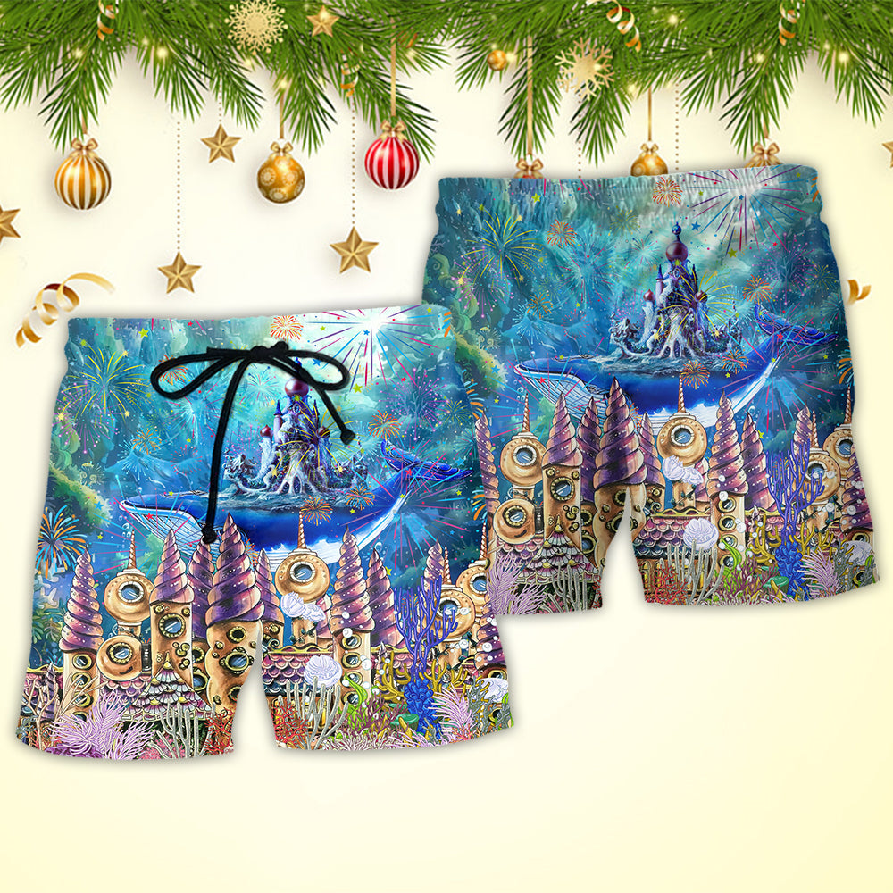 Whale Happy New Year Under Ocean - Beach Short Reefox - Owls Matrix LTD