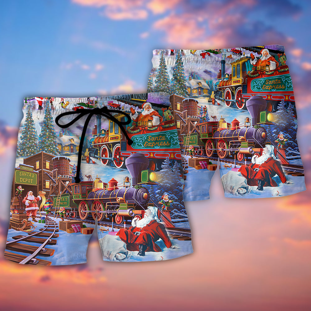 Christmas Holiday Santa Claus in a Train - Beach Short Reefox - Owls Matrix LTD