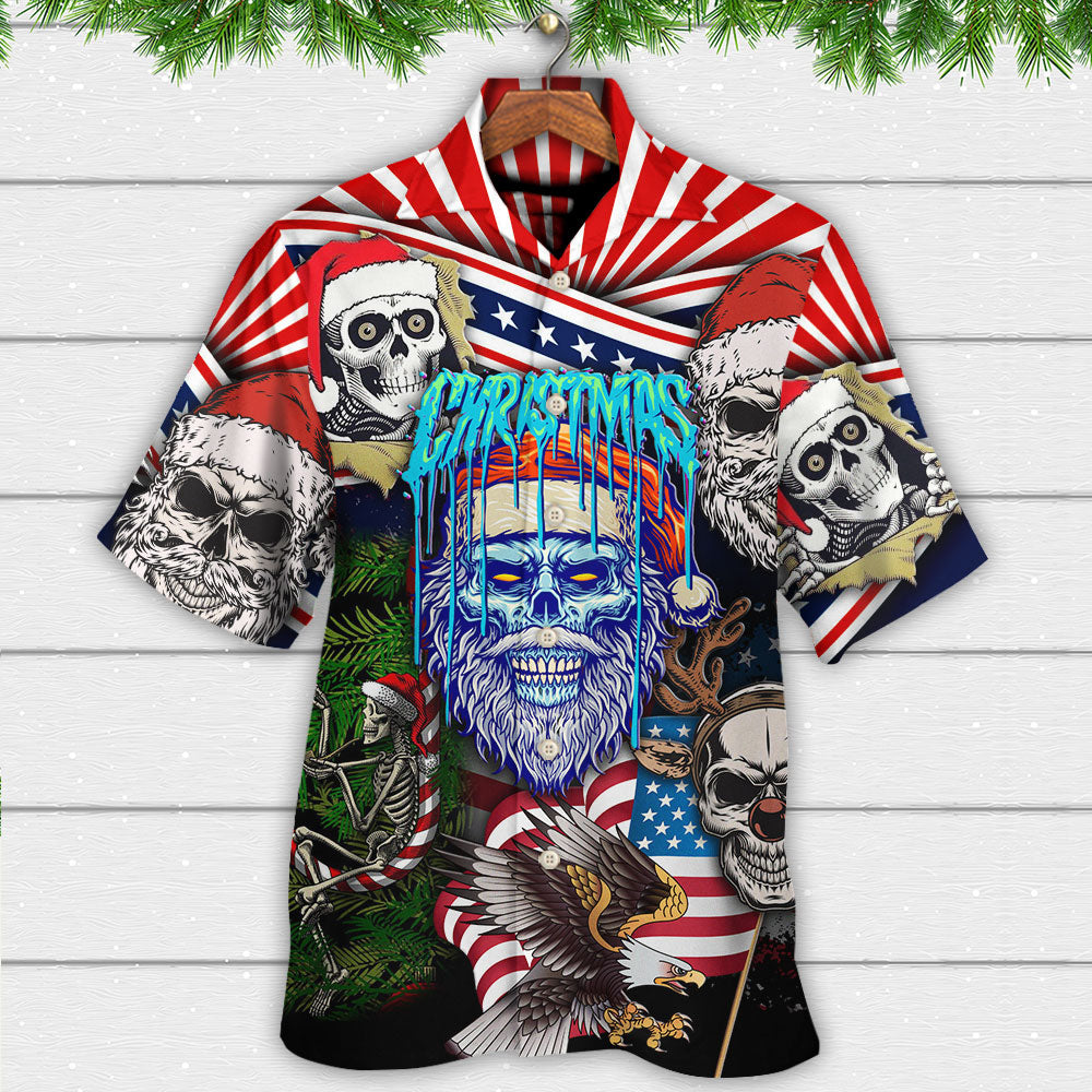 Skull Christmas US Flag Skeleton Horror Merry Christmas - Hawaiian Shirt - Reefox
