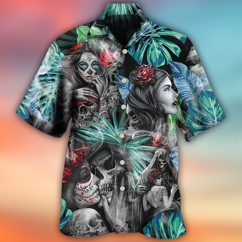 Skull Tropical White Smoke Red Flower - Hawaiian Shirt - Reefox