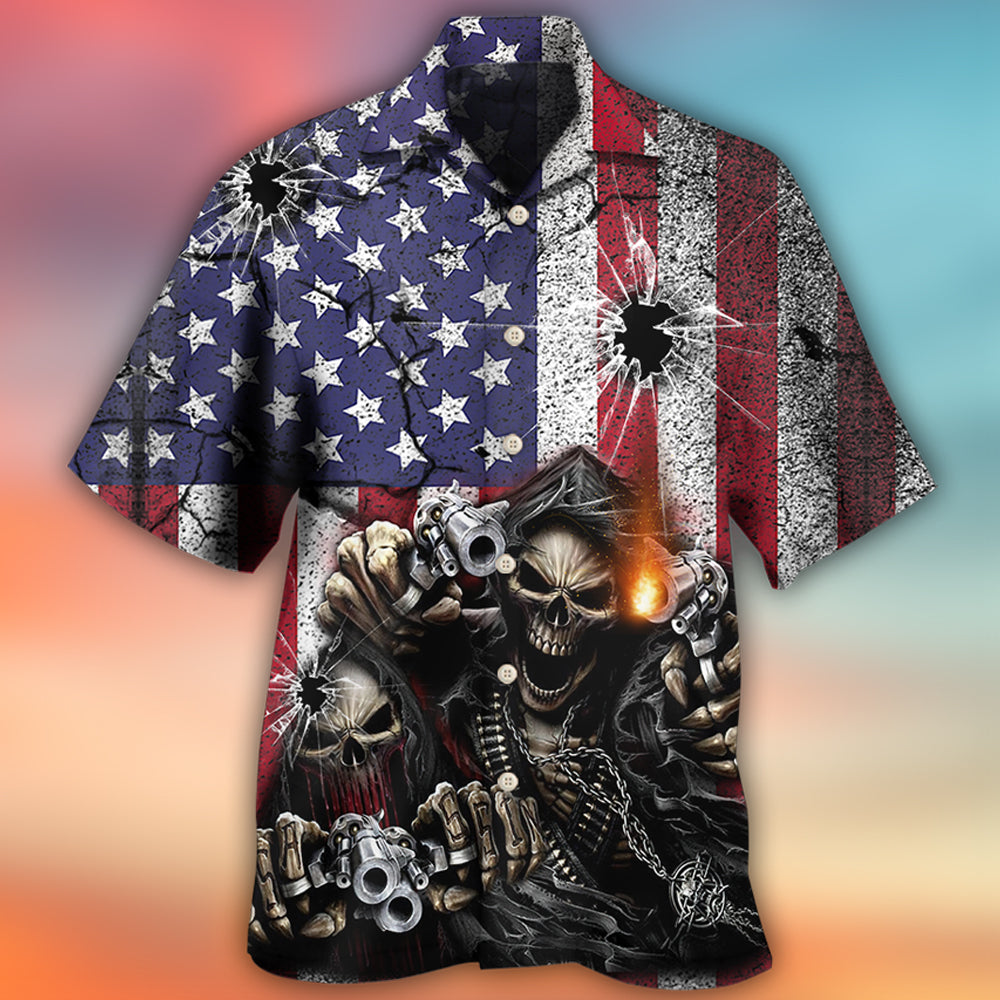 Skull Shot Gun American Flag Vintage - Hawaiian Shirt - Reefox