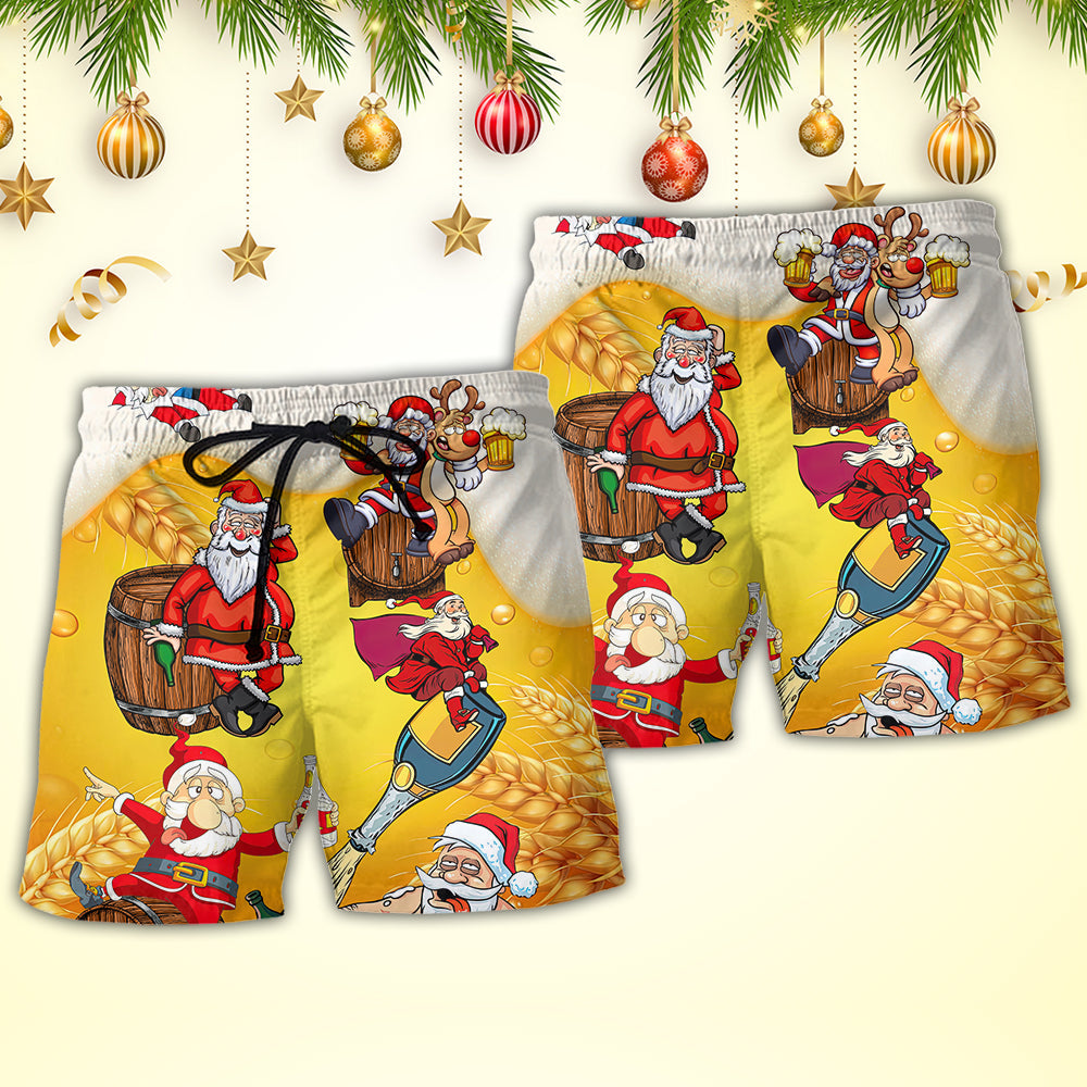 Christmas Santa Claus Drunk Beer Funny Troll Xmas - Beach Short Reefox - Owls Matrix LTD