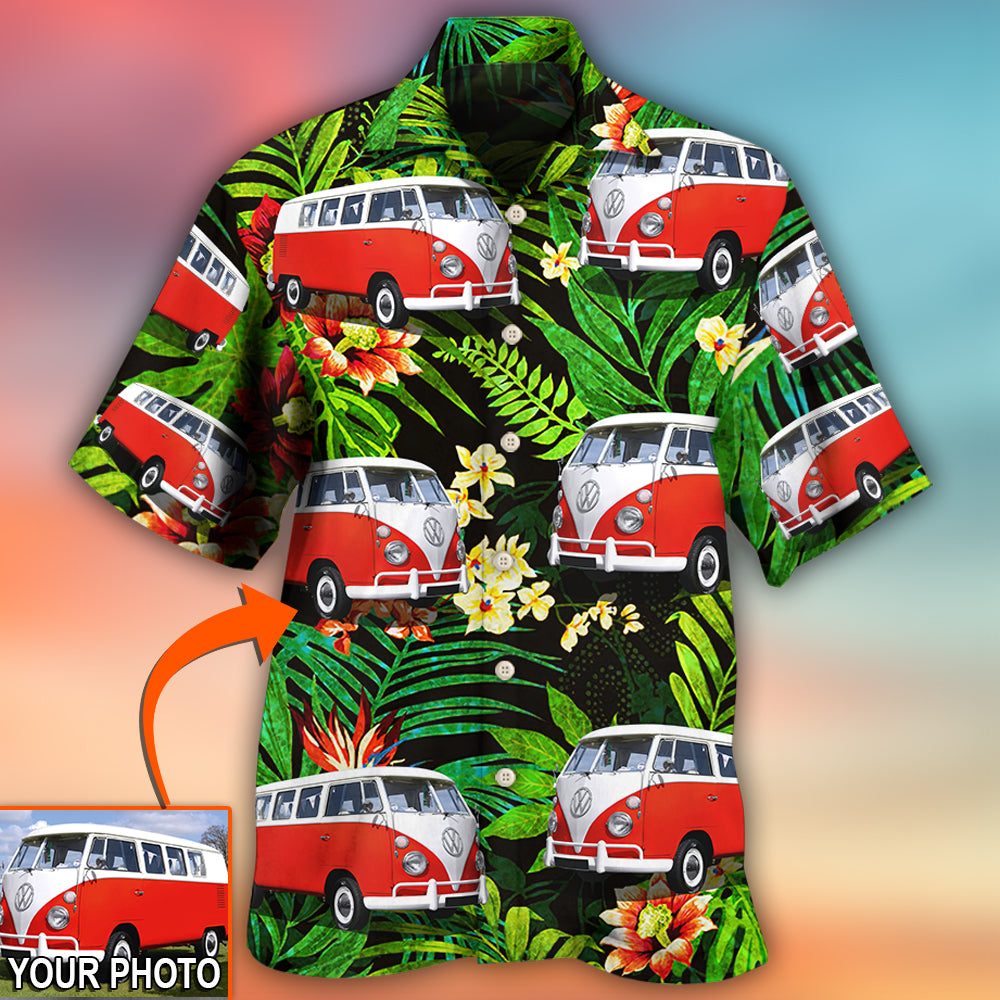 Hippie Van Volkswagen Camper Van Tropical Flower Custom Photo - Hawaiian Shirt - Reefox