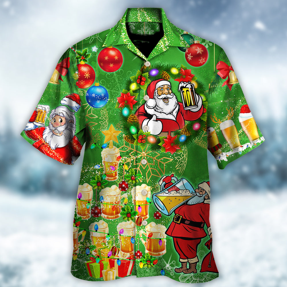 Christmas Funny Santa Claus Drinking Beer Happy Christmas Tree Green Light - Hawaiian Shirt - Reefox