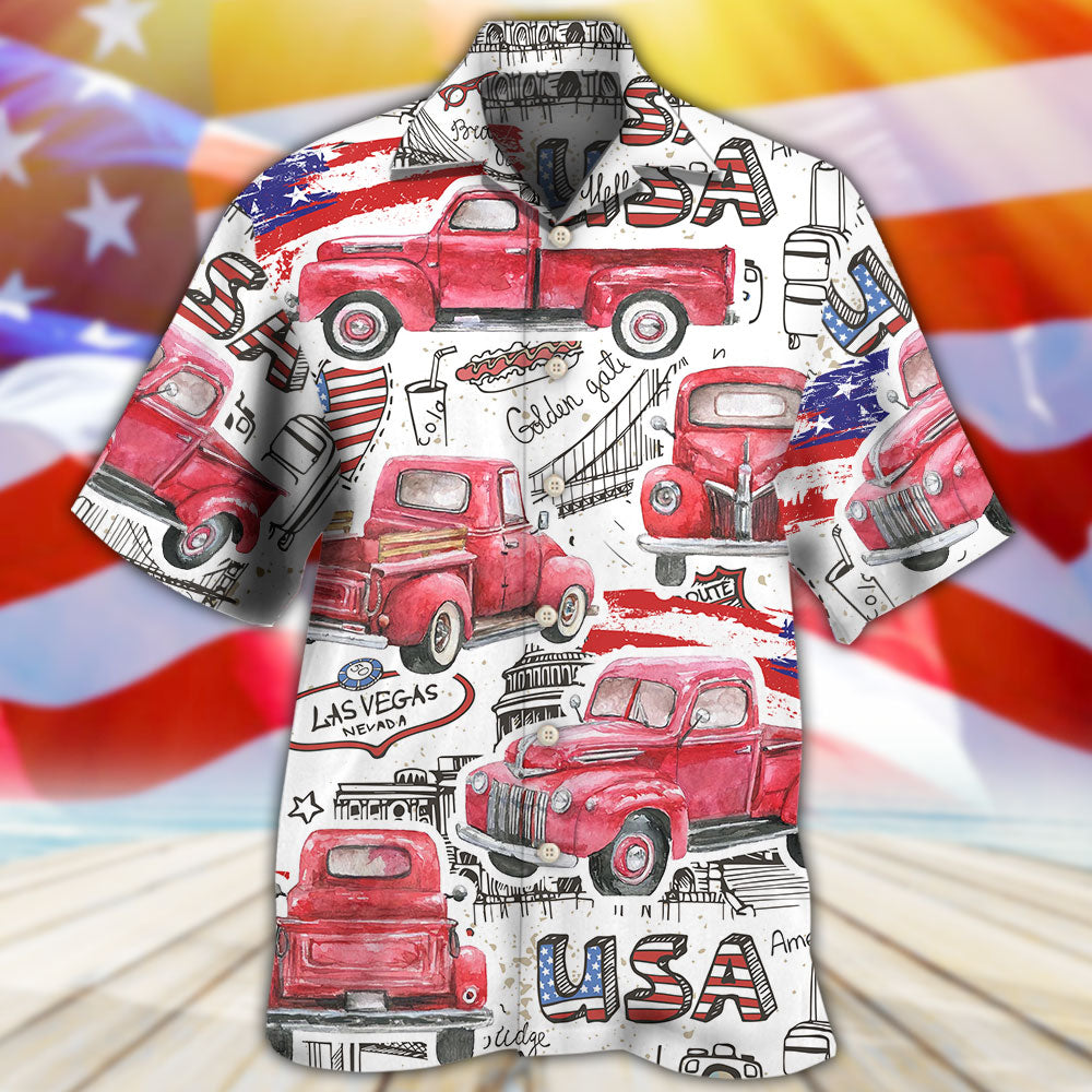 Truck Red USA Flag Independence Day - Hawaiian Shirt - Reefox