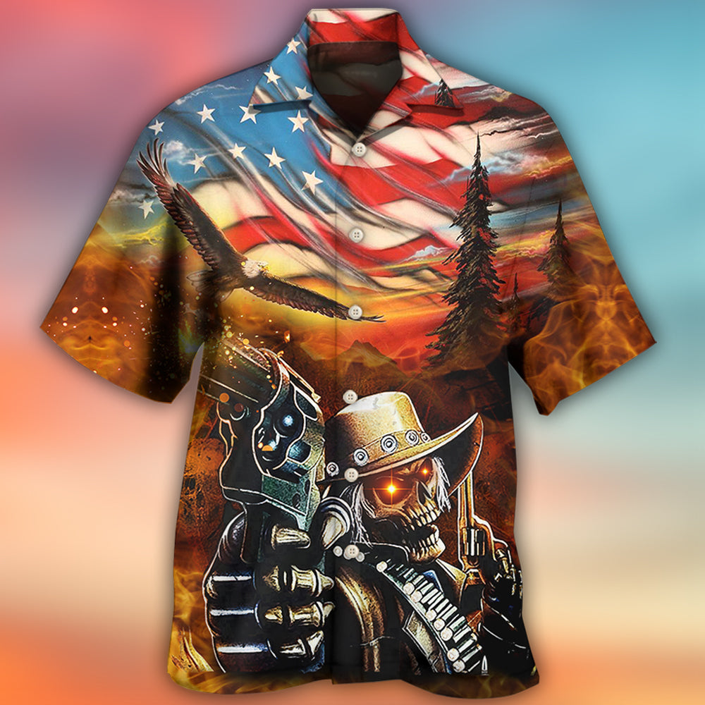 Skull Cowboy Shot Gun American Flag Vintage - Hawaiian Shirt - Reefox