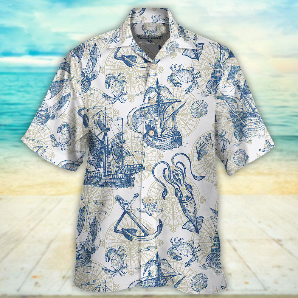 Ocean Life Vintage Sailboat Sea Monster Geographical Maps - Hawaiian Shirt - Reefox