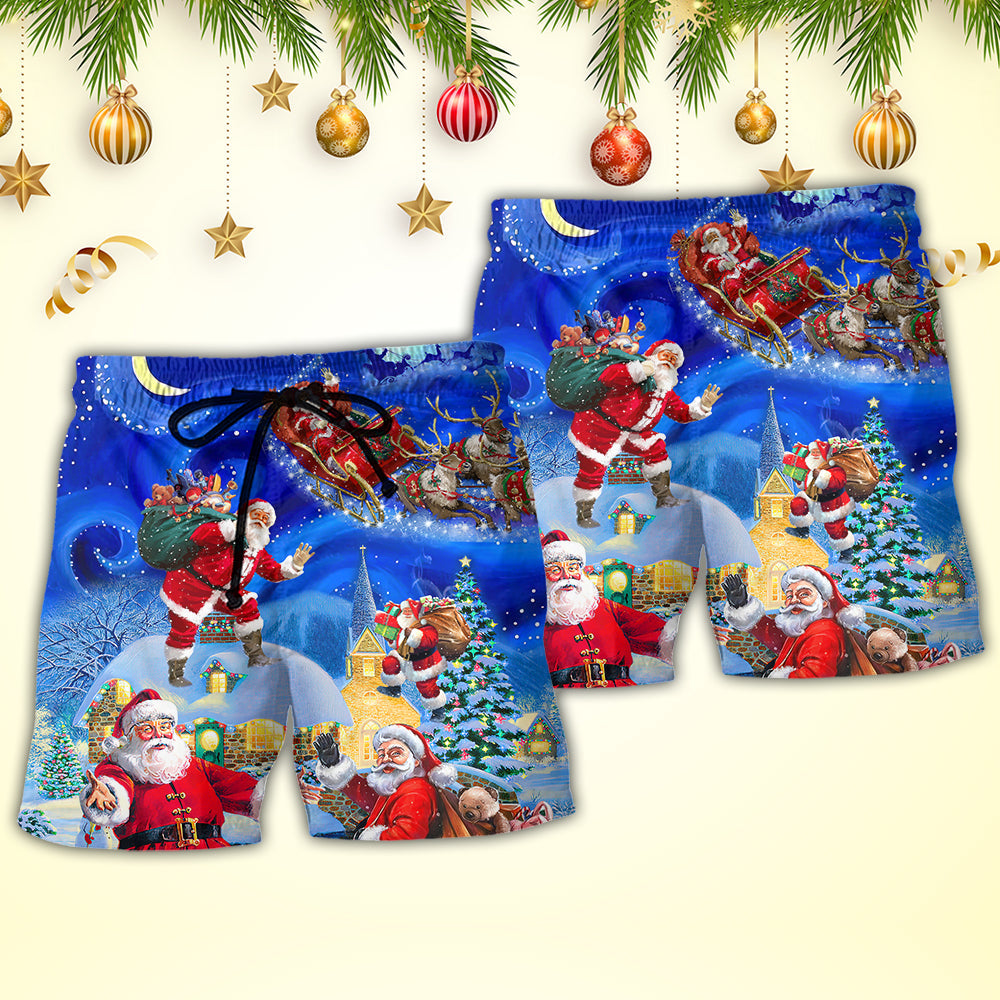 Christmas Santa Claus In The Town Magic Night Art Style - Beach Short Reefox - Owls Matrix LTD