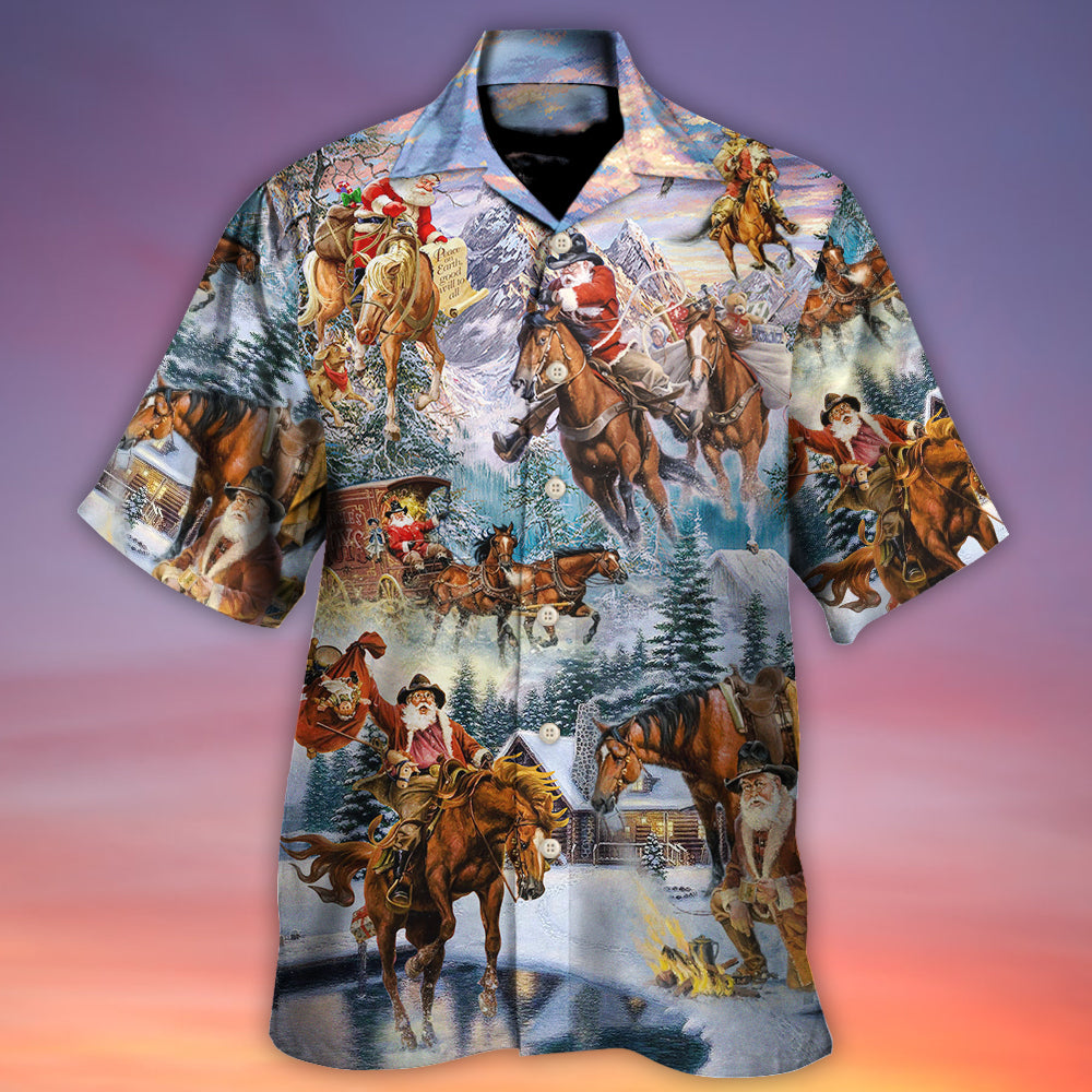 Christmas Santa Claus Riding Horse Snow Mountain Art Style - Hawaiian Shirt - Reefox