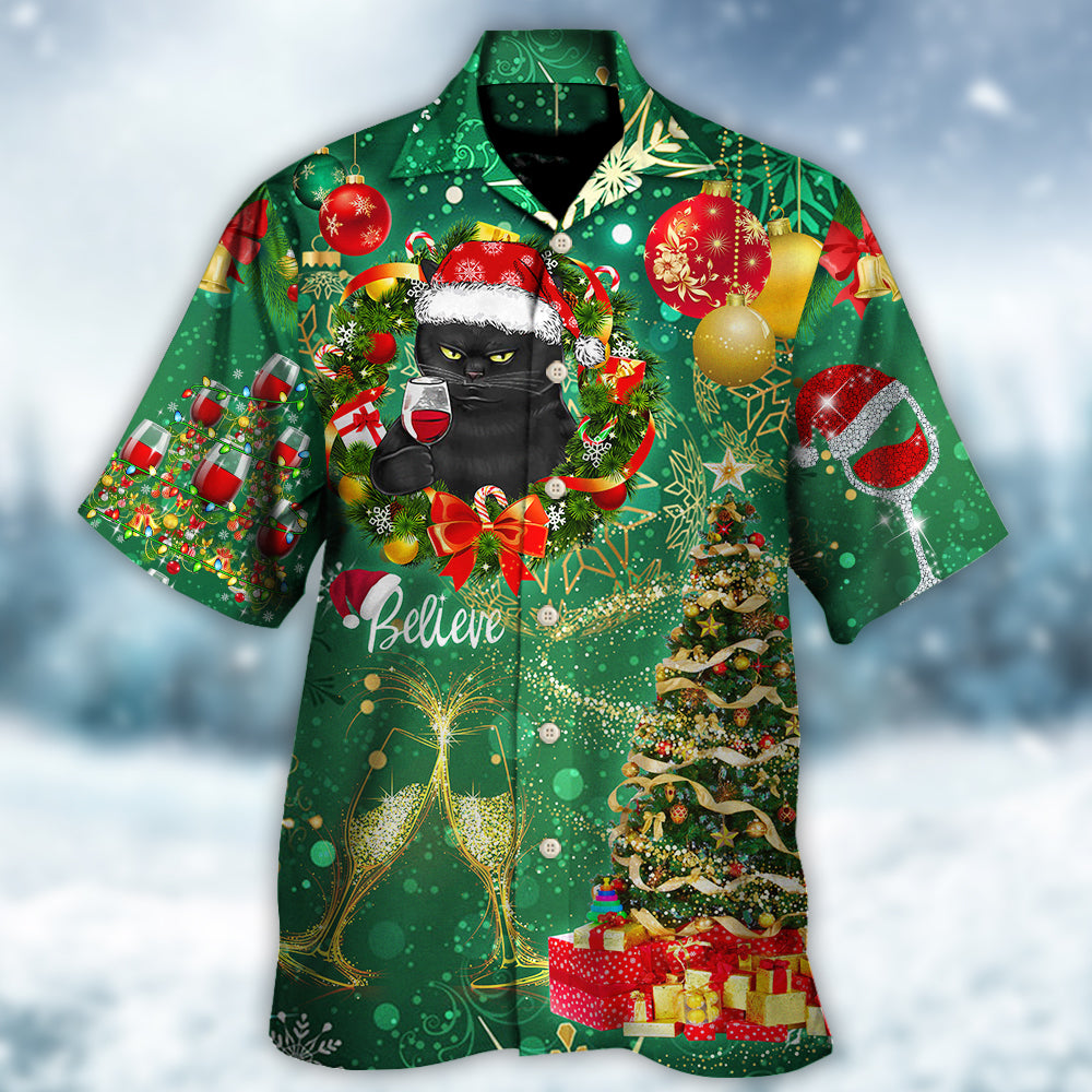 Christmas Black Cat Drinking Happy Christmas Tree Green Light - Hawaiian Shirt - Reefox