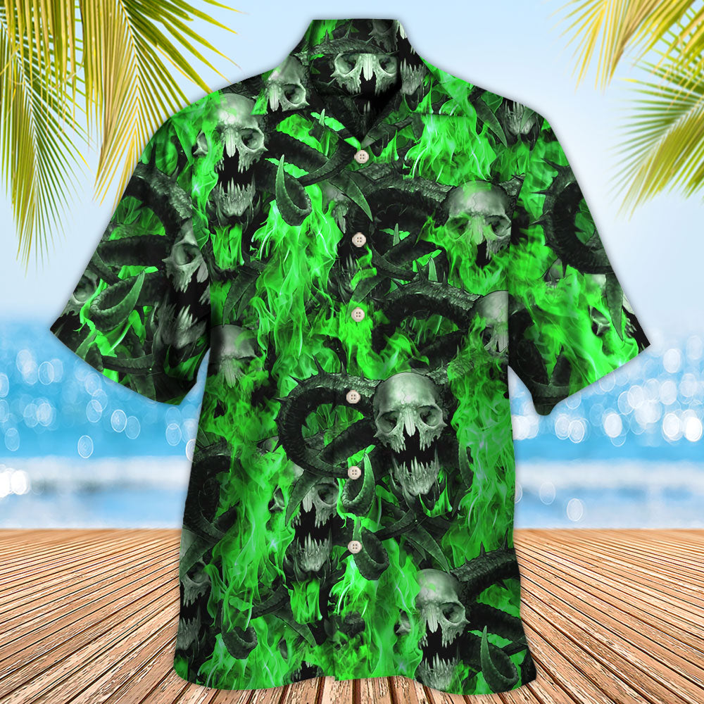 Skull Green Flame Burn - Hawaiian Shirt - Reefox