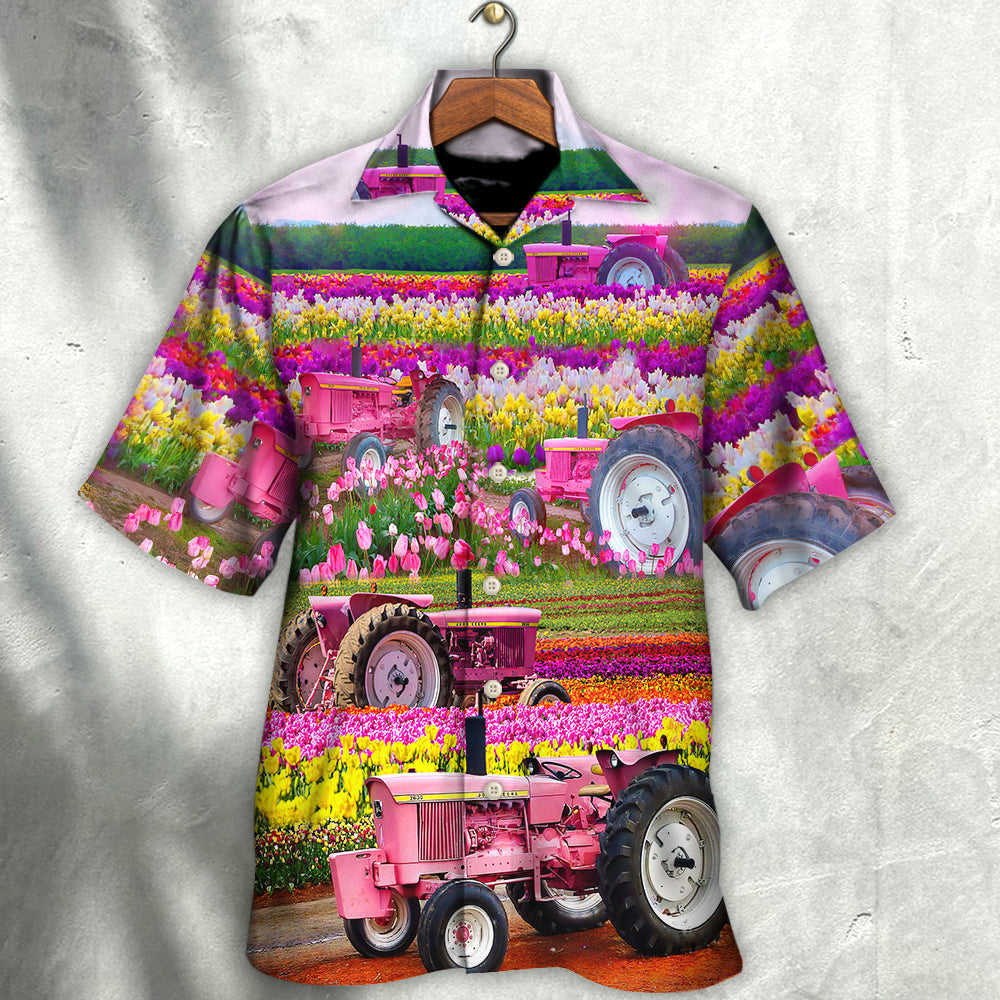 Tractor In Field Tulip Rural Landscape Majestically - Hawaiian Shirt - Reefox