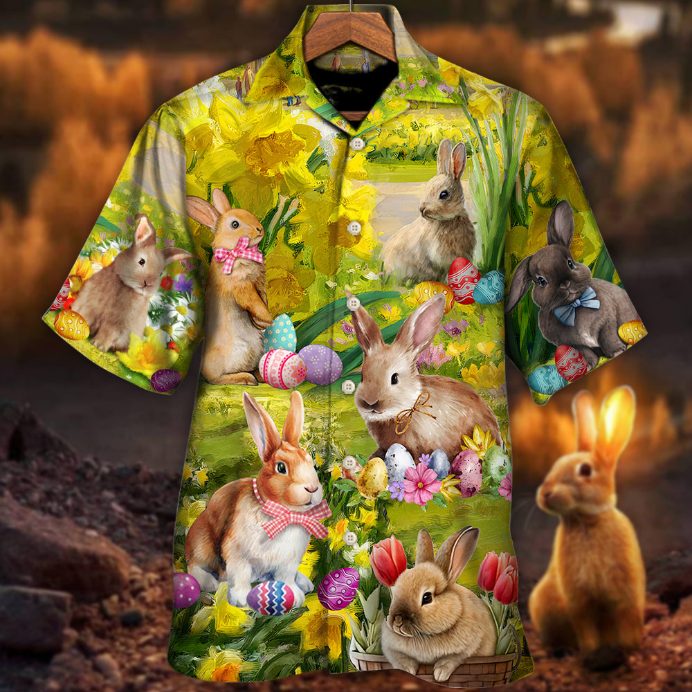 Easter Rabbit Chilling In The Flower Landscape Art Style - Hawaiian Shirt - Reefox