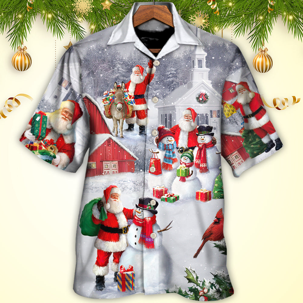 Christmas Santa Claus With Snowman Family In The Town Art Style - Hawaiian Shirt - Reefox