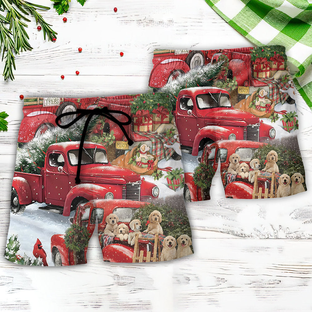 Christmas Red Truck With Xmas Tree And Little Puppy - Beach Short Reefox - Owls Matrix LTD