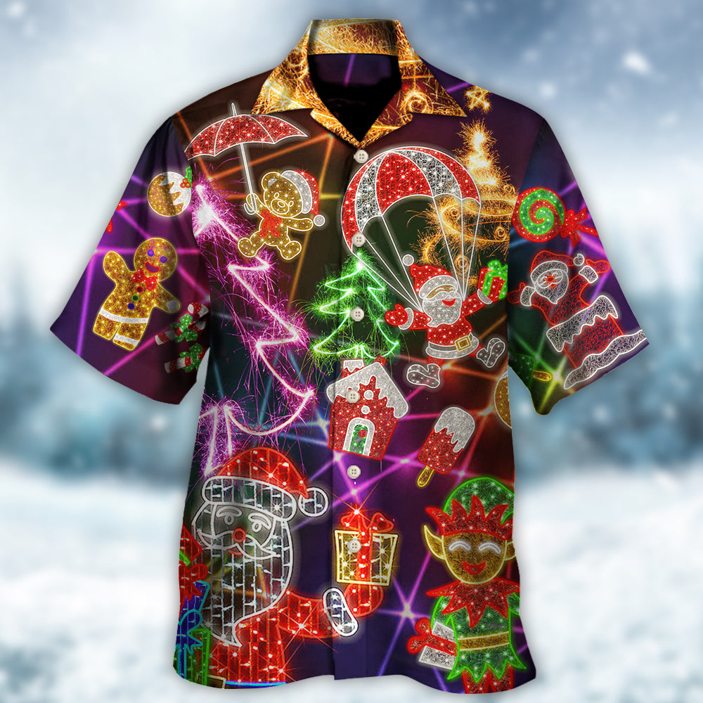 Christmas Funny Santa Claus Tree Elf Gingerbread Neon Light Style - Hawaiian Shirt - Reefox