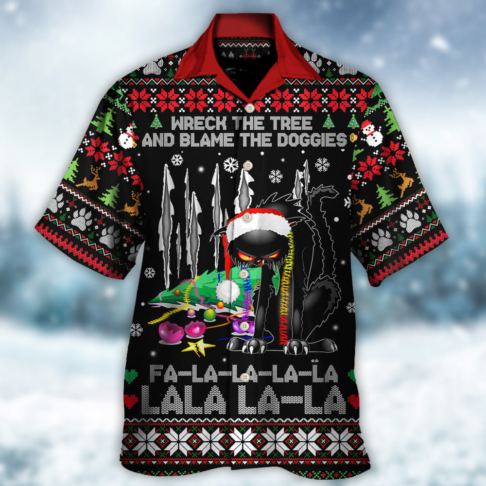 Black Cat Wreck The Tree Light Funny Ugly Style Christmas - Hawaiian Shirt - Reefox