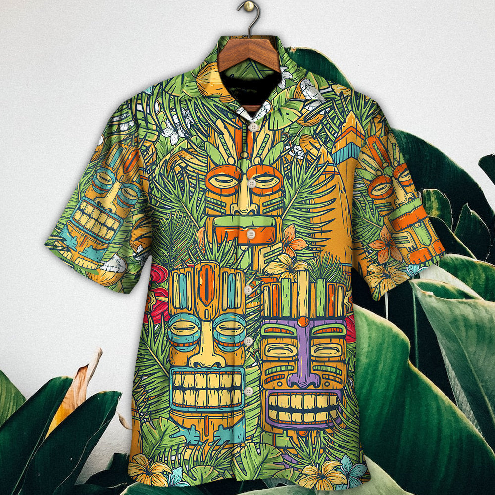 Tiki Mask Tropical Hawaii Sur Board And Palm Leaves - Hawaiian Shirt - Reefox