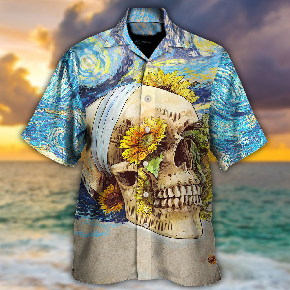 Skull And Sunflower Vintage Amazing Starry Night - Hawaiian Shirt - Reefox