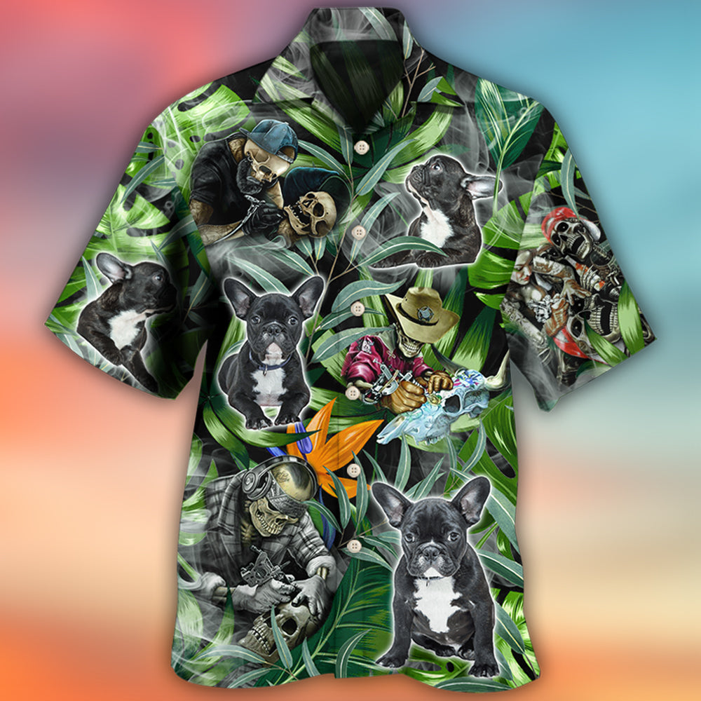 Skull And French Bulldog Tatoo Smoke Tropical - Hawaiian Shirt - Reefox