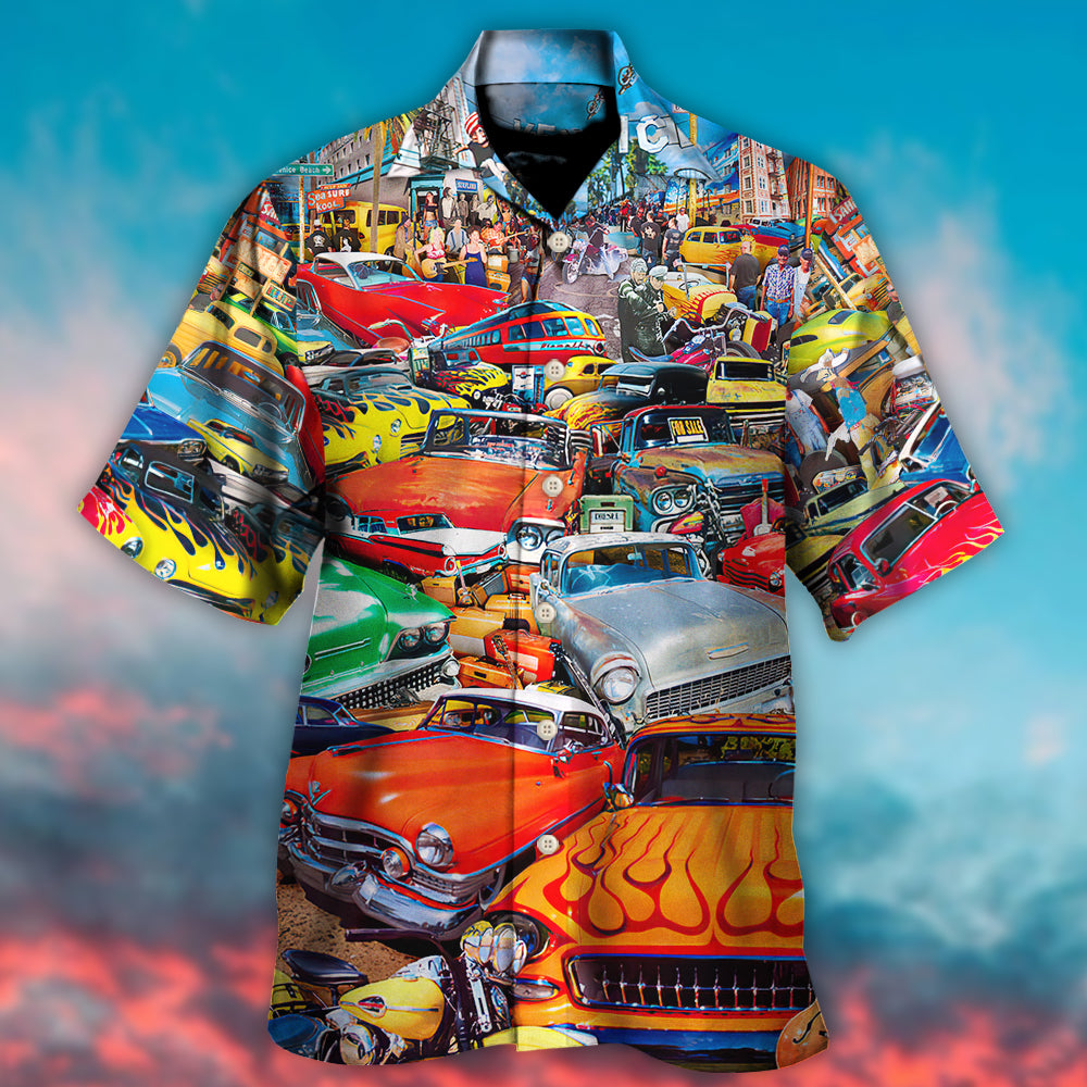 Car Retro Guitar Palm Trees - Hawaiian Shirt - Reefox