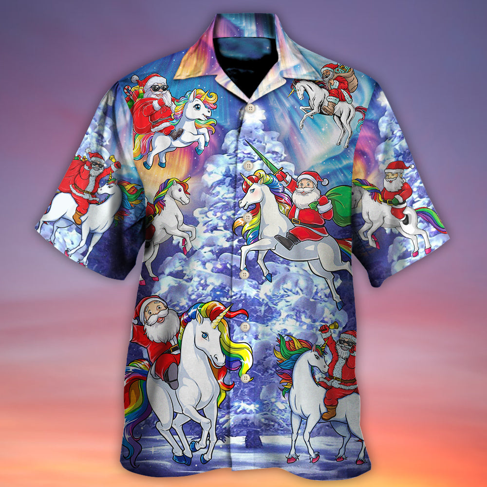 Christmas Santa Claus Riding Unicorn Snow Mountain Art Style - Hawaiian Shirt - Reefox