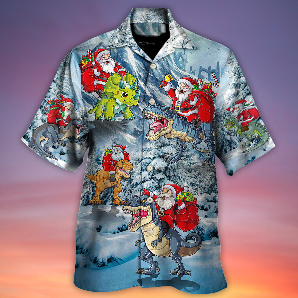 Christmas Santa Claus Riding Dinosaur Christmas Tree Gift Light Art Style - Hawaiian Shirt - Reefox