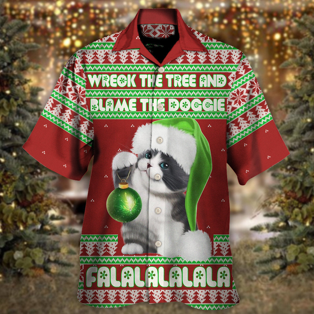 Cat Wreck The Tree Red Style Christmas - Hawaiian Shirt - Reefox