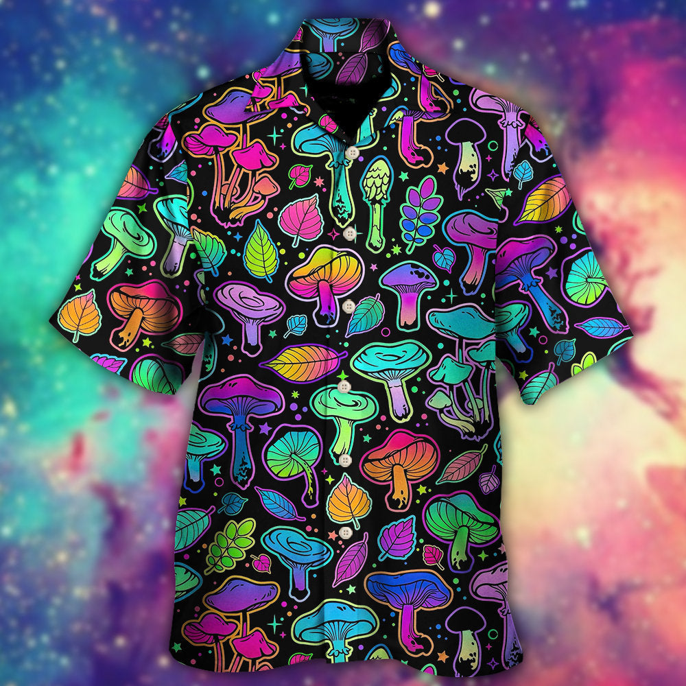 Mushroom Neon Colorful Bright With Leaf - Hawaiian Shirt - Reefox