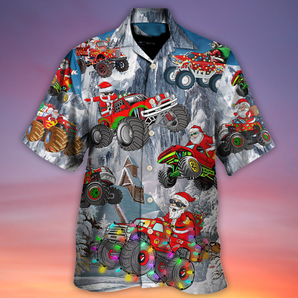 Christmas Santa Claus Riding Red Truck Snow Mountain Art Style - Hawaiian Shirt - Reefox