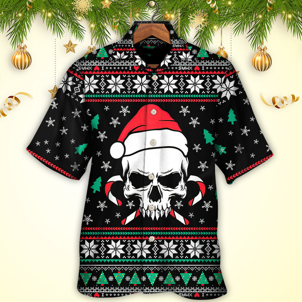 Christmas Skull Wearing Santa Claus Hat And Sweat Candy - Hawaiian Shirt - Reefox