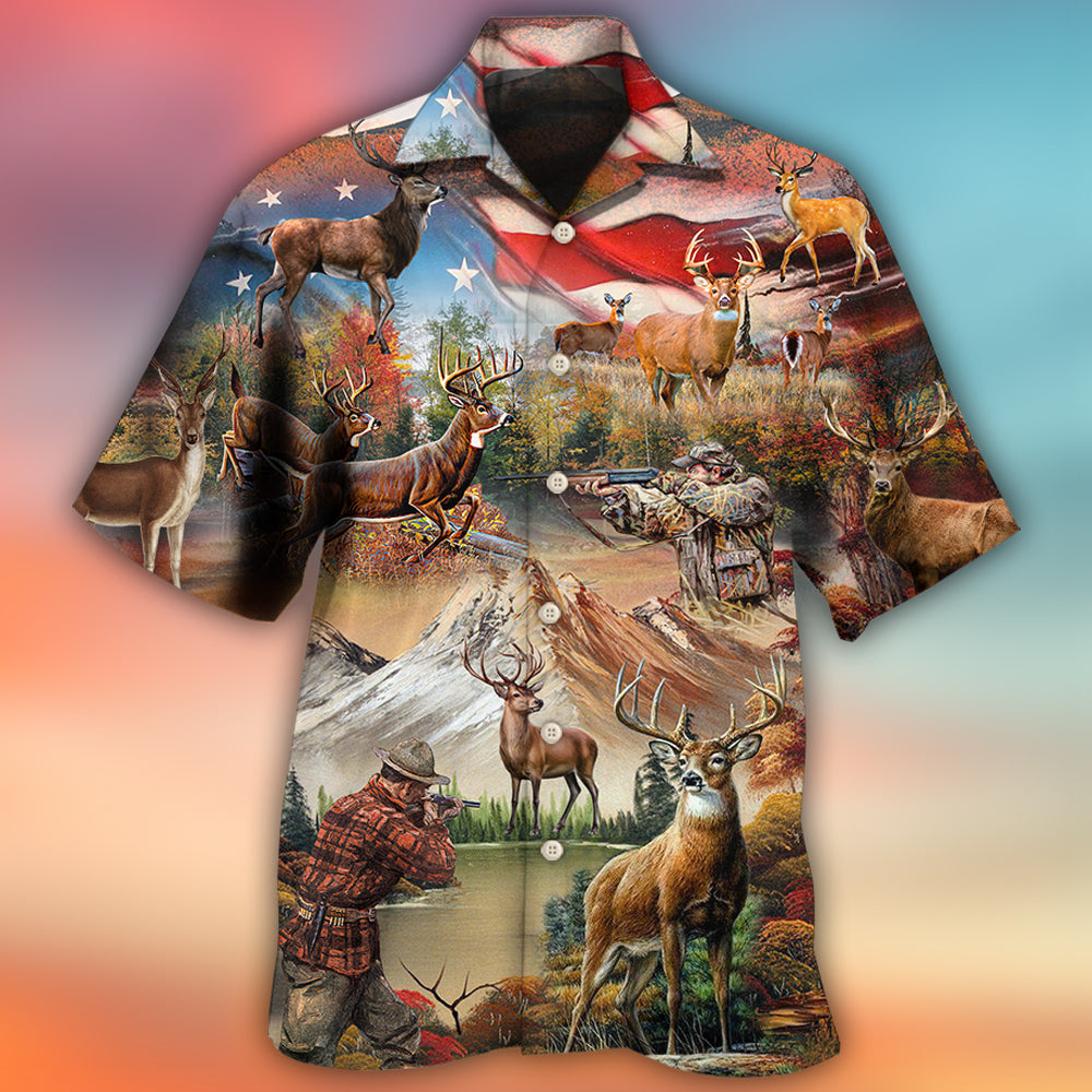 Hunting Independence Day Deer American Flag - Hawaiian Shirt - Reefox