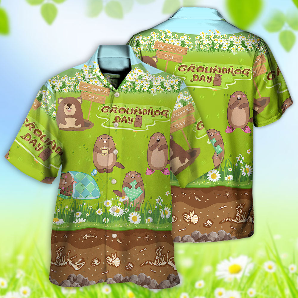 Groundhog Day Happy Spring Day With Grass Flowers - Hawaiian Shirt - Reefox