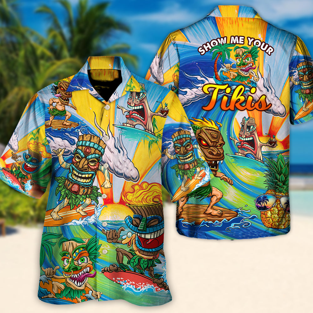Surfing Funny Funny Tiki Show Me Your Tikis Surfing Lovers - Hawaiian Shirt