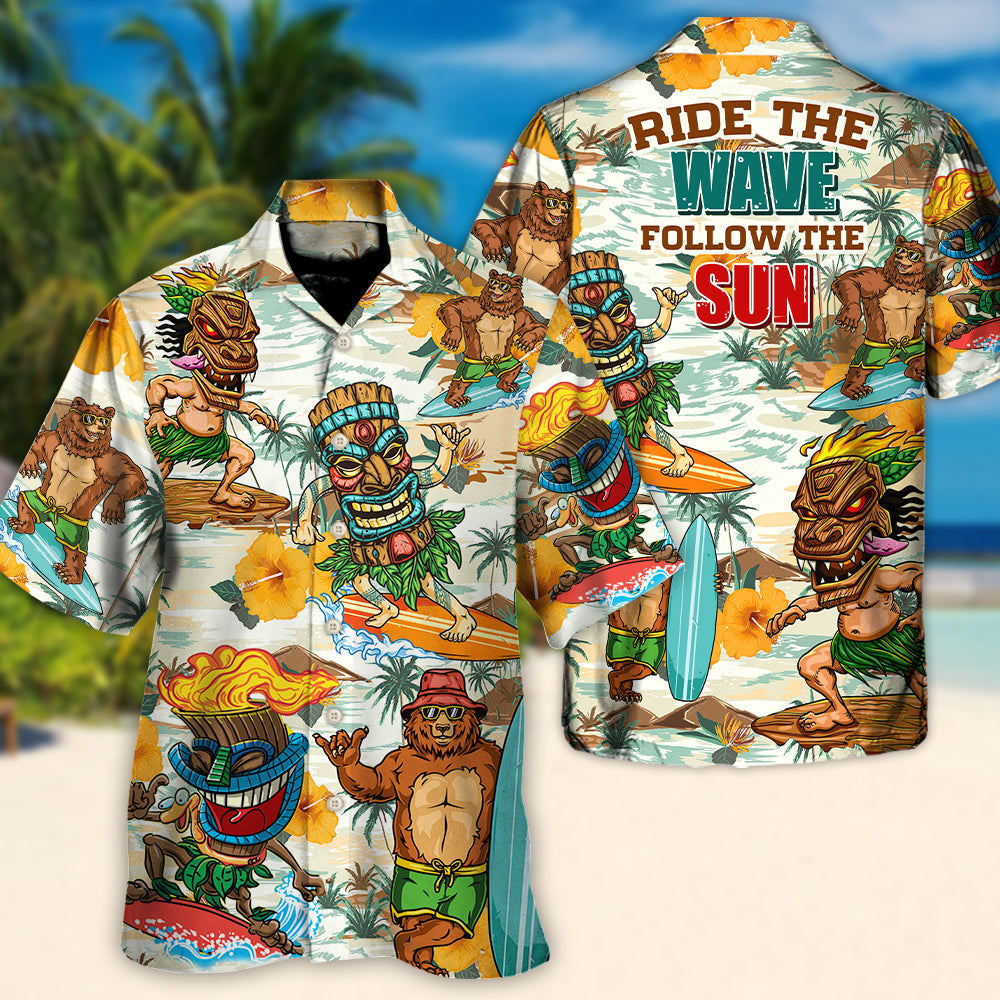 Surfing Funny Bear And Tiki Ride The Wave Follow The Sun Lovers Surfing - Hawaiian Shirt