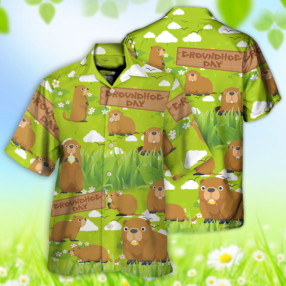 Groundhog Happy Day With Grass Flowers Garden - Hawaiian Shirt - Reefox