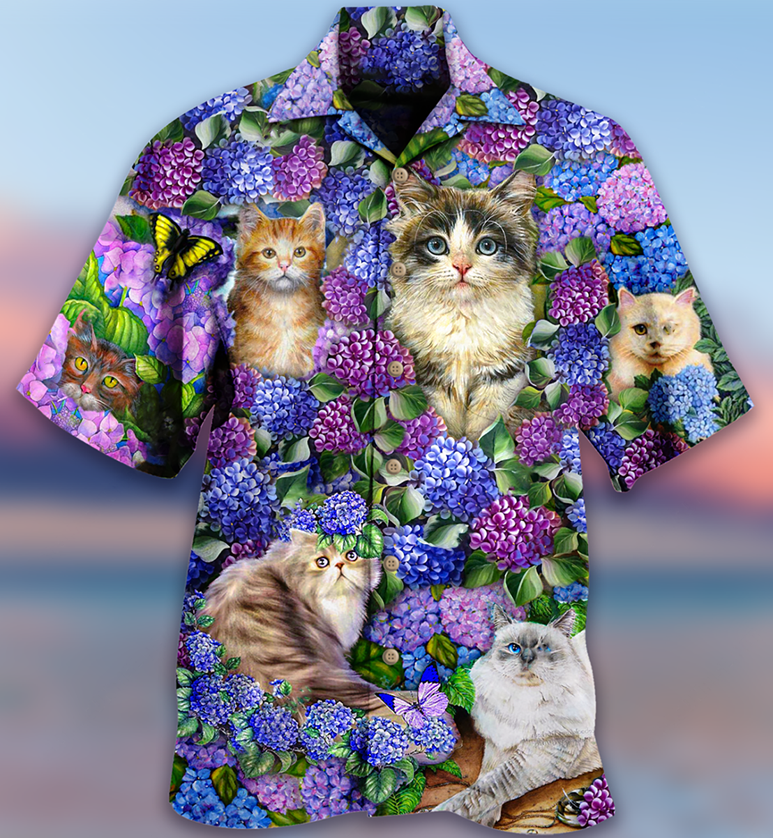 Cat Lovely And Purple Flowers - Hawaiian Shirt - Reefox