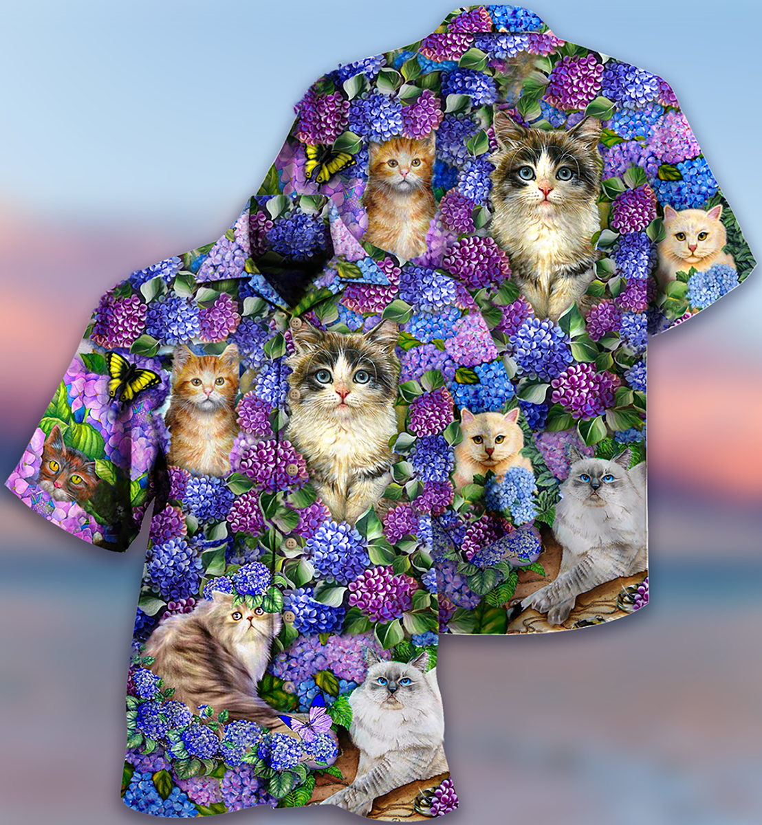 Cat Lovely And Purple Flowers - Hawaiian Shirt - Reefox