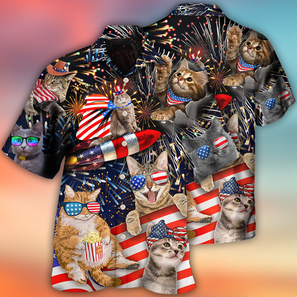 Cat Independence Day Happy Firework - Hawaiian Shirt - Reefox