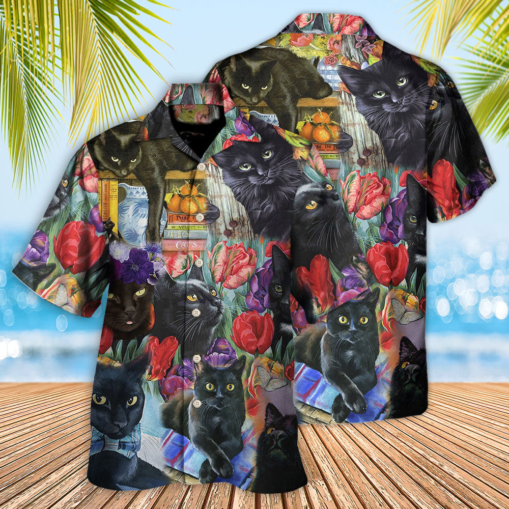 Black Cat Art With Flowers - Hawaiian Shirt - Reefox